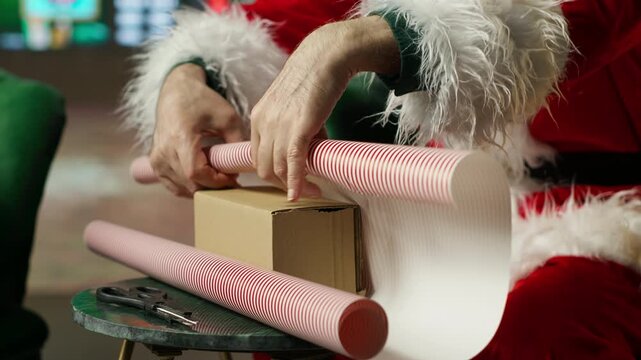 Santa Claus using wrapping paper to make presents after finishing list of kids who has been nice. Person packing gifts, preparing to travel all over the world and visit children, camera A close up