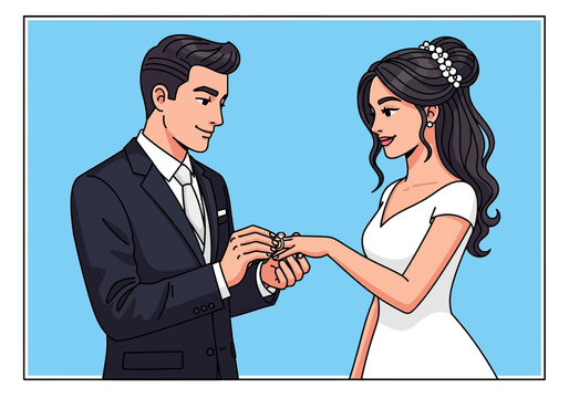 Celebratory moment of groom placing ring on brides finger. Ideal for wedding planners, event photographers, romantic greeting cards, and blogs.