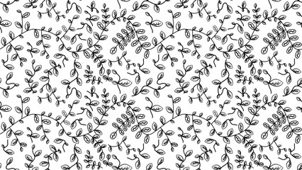 Seamless floral pattern featuring delicate leafy branches in black line art on a white background. Elegant and minimal design, perfect for textiles, wallpapers, packaging, and digital projects