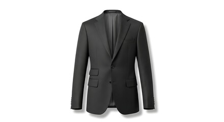 A dark gray suit jacket is displayed against a white background, showing its structure and details.