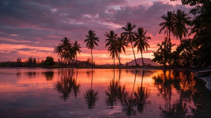 Obraz premium Sunset over water palm trees