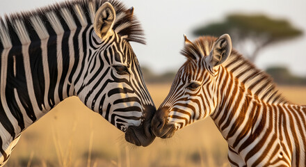 Fototapeta premium Gentle adult zebra nuzzles young foal nose to nose in golden savanna light