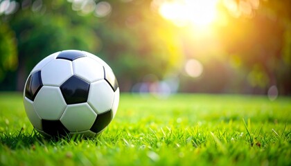 Naklejka premium Hyper-realistic view of a traditional soccer ball resting on a pristine green field during a warm golden hour sunset