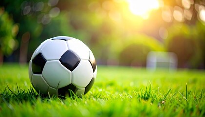 Hyper-realistic photography of a soccer ball on a pristine green grass pitch with a warm golden sunset glow in the background