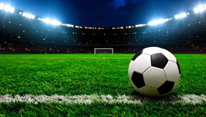 Hyper-realistic view of a soccer ball on the pitch of a professional stadium at night under bright lights, ready for the championship match