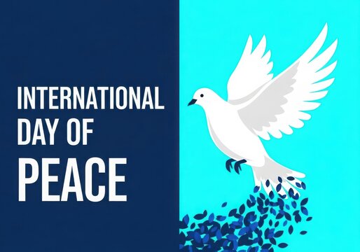 White dove flying against blue background with international day of peace text