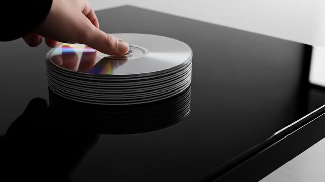 Stacking Shiny CDs: Data Storage on Reflective Black Surface, Technology Concept