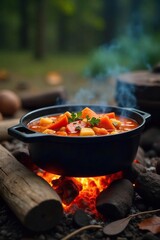 Delicious campfire stew simmering in a cast iron pot over glowing embers, surrounded by rustic camping gear Perfect for autumn evenings and outdoor adventures , survival skills, outdoors