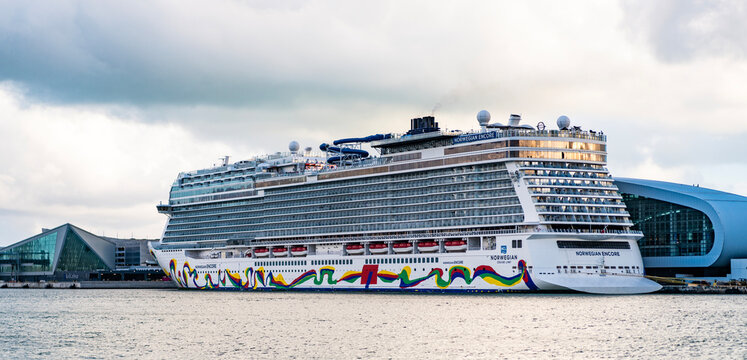 Miami, Florida, USA - November 04, 2024: Norwegian Encore cruise ship voyage. Cruise in summer vacation. Norwegian Cruise line. Cruise ship tour and travel at sea. Ship of NCL