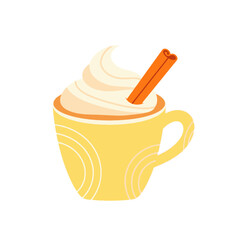 vector illustration of a cozy mug of pumpkin spice latte with whipped cream and a cinnamon stick for a warm Thanksgiving holiday treat.