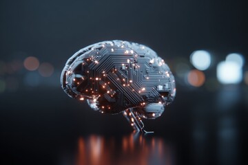 The symbiotic future of human cognition and tech innovation. Intelligent grid. A futuristic brain integrated with advanced tech on a motherboard. High-tech network. Digital web.