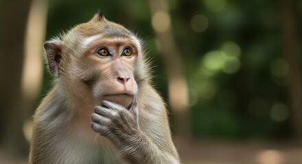 Curious monkey contemplates with paw on chin, soft bokeh forest highlights its thoughtful gaze