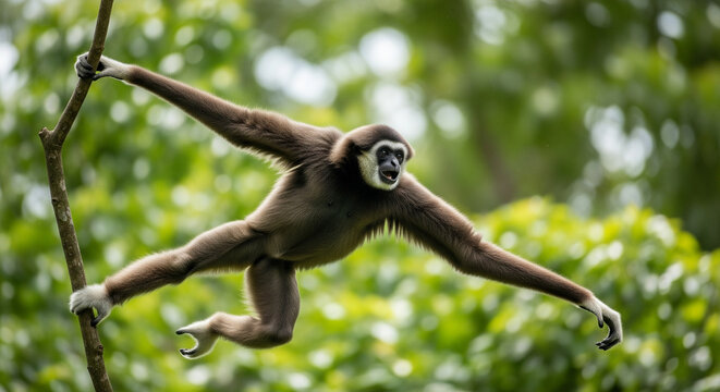 Agile gibbon swings through lush jungle canopy with outstretched arms, a dynamic primate in motion