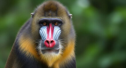 Majestic mandrill primate with striking blue and red facial markings gazes intently