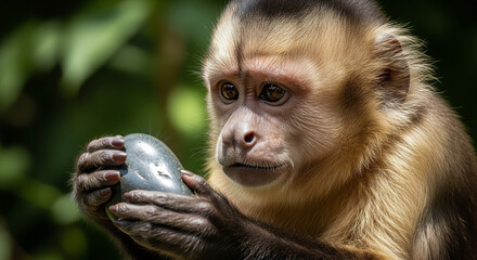 Fototapeta premium Curious capuchin monkey examines a smooth grey stone with intense focus and gentle paws in natural light