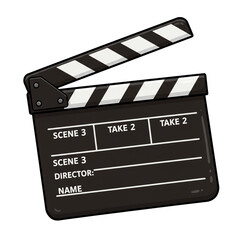 Obraz premium A classic film clapperboard, used on set to synchronize sound and picture, displaying scene and take information, essential for filmmaking and video production.