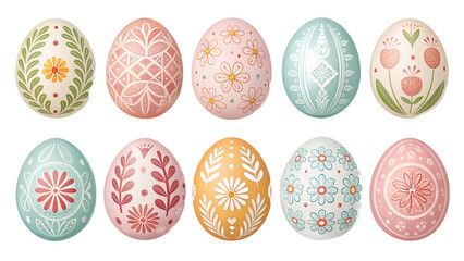 Fototapeta premium Hand-Painted Easter Eggs PNG Set – Pastel Decorative Eggs with Floral and Geometric Patterns, Isolated on Transparent Background