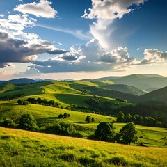 Obraz premium Sunlit green hills and dramatic sky