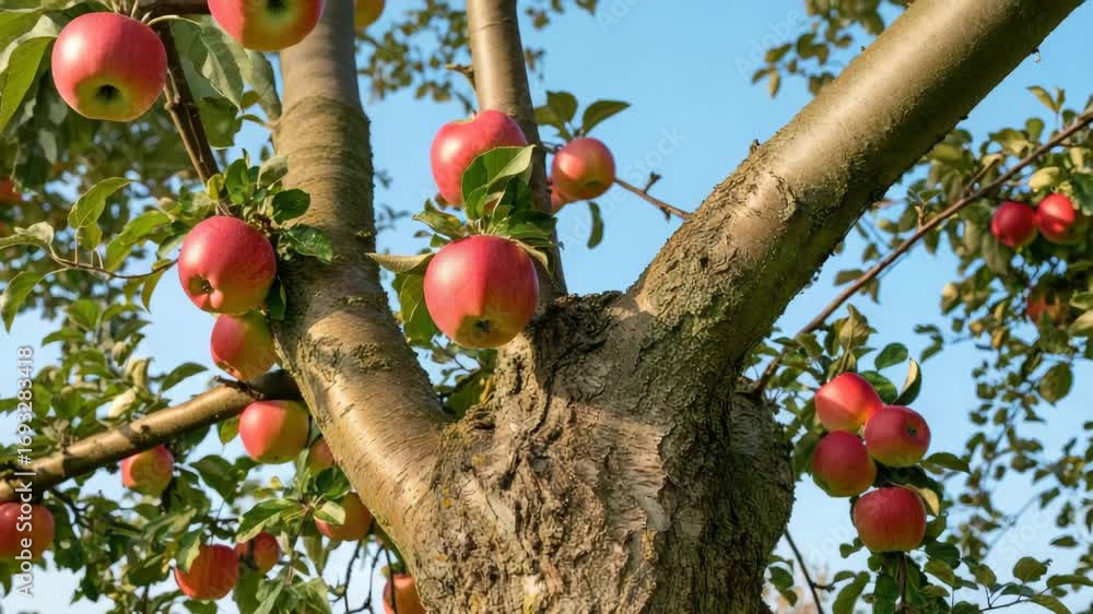 Poster apple tree with ripe red apples on branches