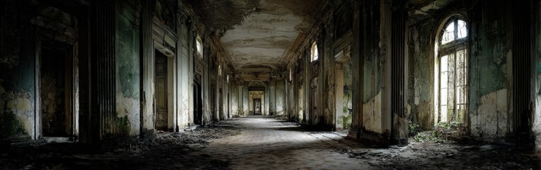 Abandoned Dark Corridor In A Ruined Building