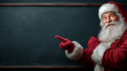 Realistic Smiling Santa Claus Pointing at Blank Advertisement Banner with Copy Space, Generative AI

