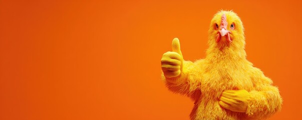 A yellow chicken costume giving a thumbs-up against an orange background