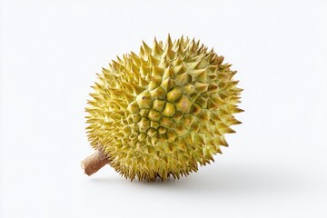 Single durian fruit against white background.  Close-up view