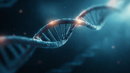 Photorealistic DNA double helix glowing in futuristic medical lab with holographic interface – ideal for genetics, genomics, and biotechnology.