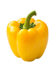 Close up studio shot of a vibrant yellow bell pepper with a green stem isolated on a transparent backdrop. Represents a fresh, healthy food ingredient, PNG