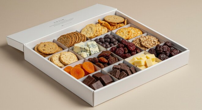 Gourmet Cheese and Cracker Assortment Box with Dried Fruits and Chocolates