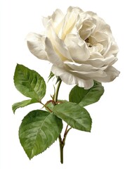 Obraz premium Detailed illustration of a single, creamy white rose with lush green leaves