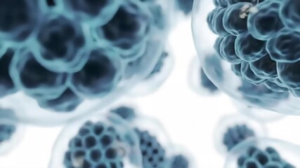 A close up, detailed view of multiple biological cells. Each cell contains a cluster of deep blue nuclei, visible through a transparent outer membrane. The background is a clean, bright white.