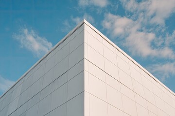 Architectural Corner of a White Building Against a Partly Cloudy Sky