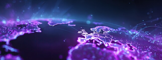Global network map, vibrant purple and blue, abstract and digitally rendered