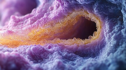 Close-up abstract 3D render of a colorful microscopic organic tunnel with porous, textured walls in purple and gold hues.