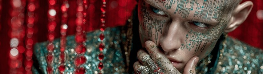 Interwoven paths of flesh and technology beyond earth. Elegant outfit. Cyborg space priest with integrated circuitry and digital brain interface. Chic appearance. Majestic beauty.