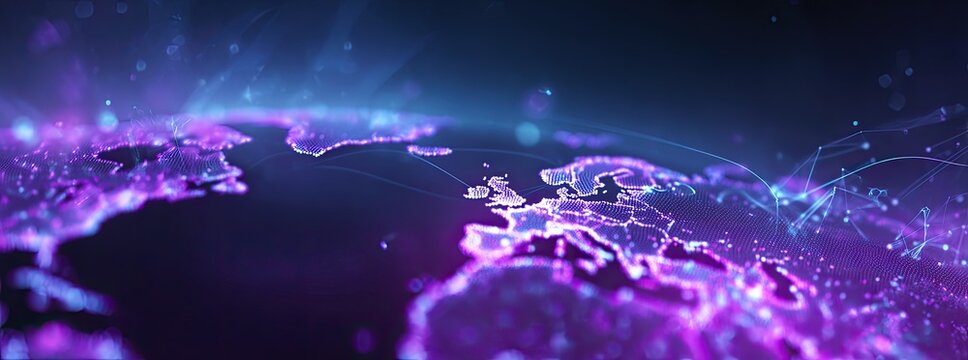 Global network map, vibrant purple and blue, abstract and digitally rendered - Powered by Adobe
