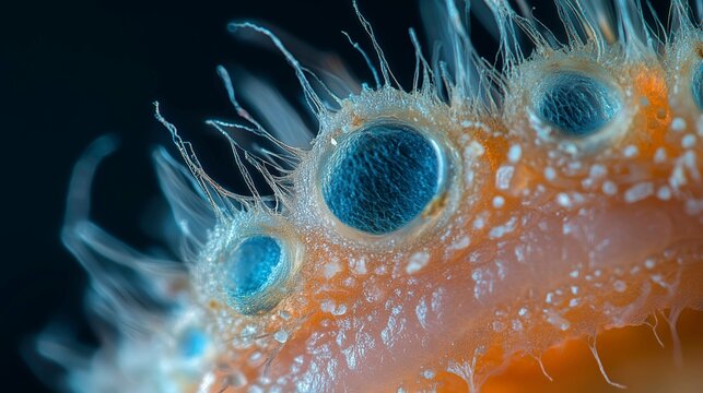 Microscopic close-up of an orange surface studded with blue spherical structures and fine hair-like filaments, revealing intricate biological texture. - Powered by Adobe