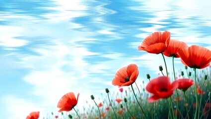 Naklejka premium Vibrant red poppies bloom against a reflective blue sky with clouds