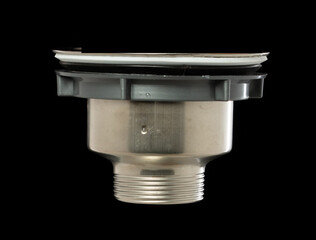 Water leak under sink on Nut Bolt stainless steel. Drain sink leak water from pipe plumbing in bathroom and repair by flume wrench tools as water splash drop. Black background isolated
