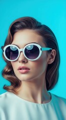 Fototapeta premium Young Woman Wearing Large White Sunglasses and Elegant White Top Against Bright Blue Background