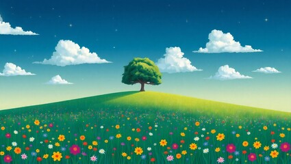 Vibrant spring meadow with lone tree under a blue sky