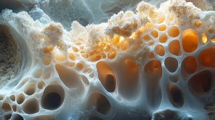 Macro-closeup of a porous, organic-looking structure with translucent cavities and warm amber glow, resembling foam or fungal mycelium.