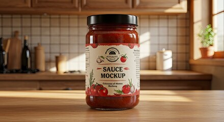 Realistic Sauce Jar Mockup in Kitchen Setting
