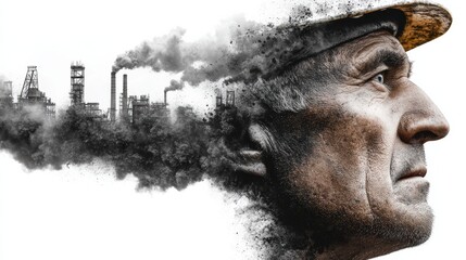 A thoughtful laborer gazes into the distance with industrial smoke swirling, symbolizing the challenges and impact of industry on workers and the environment.