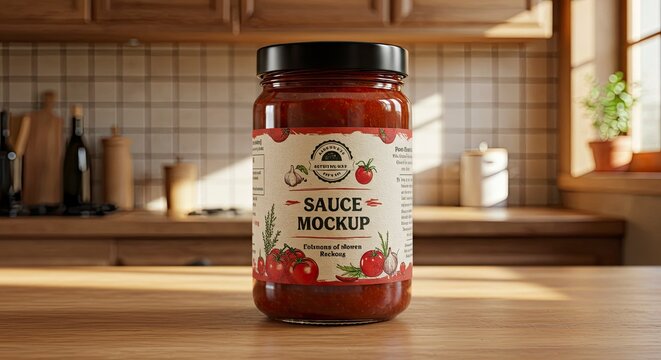 Realistic Sauce Jar Mockup in Kitchen Setting