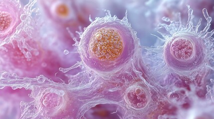 Close-up microscopic illustration of pink-purple cells with textured membranes, nuclei and vesicles in a detailed 3D biomedical visualization.