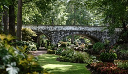 Fototapeta premium Park bridge with lush gardens