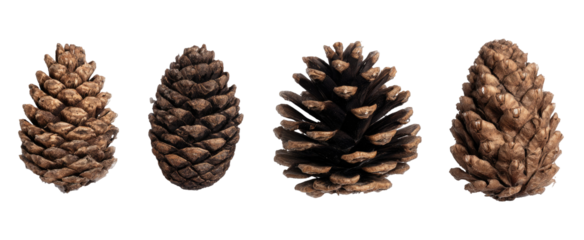 Four close-up images of pine cones, set against a black background.  Each cone displays a textured, light-brown surface, composed of numerous small, overlapping scales