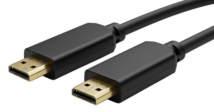 DisplayPort Cable: A sleek black DisplayPort cable, connecting two devices, isolated with a studio-lit look, suggesting connectivity, the flow of information, and technological advancement. 